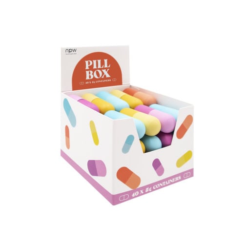 White rectangular pill box with a hinged lid designed to store tablets.