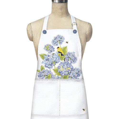 White Hydrangea Finch apron with decorative floral graphic, two large pockets, and matching bow tie.