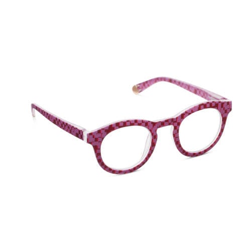 Round Frame of Mind sunglasses with pixel check blue lenses in recycled polycarbonate.