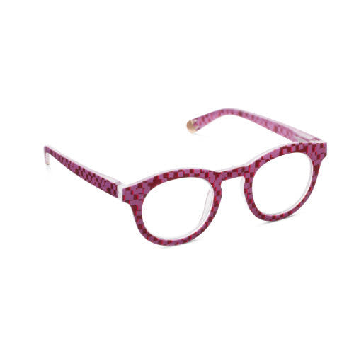 Round Frame of Mind sunglasses with pixel check blue lenses in recycled polycarbonate.