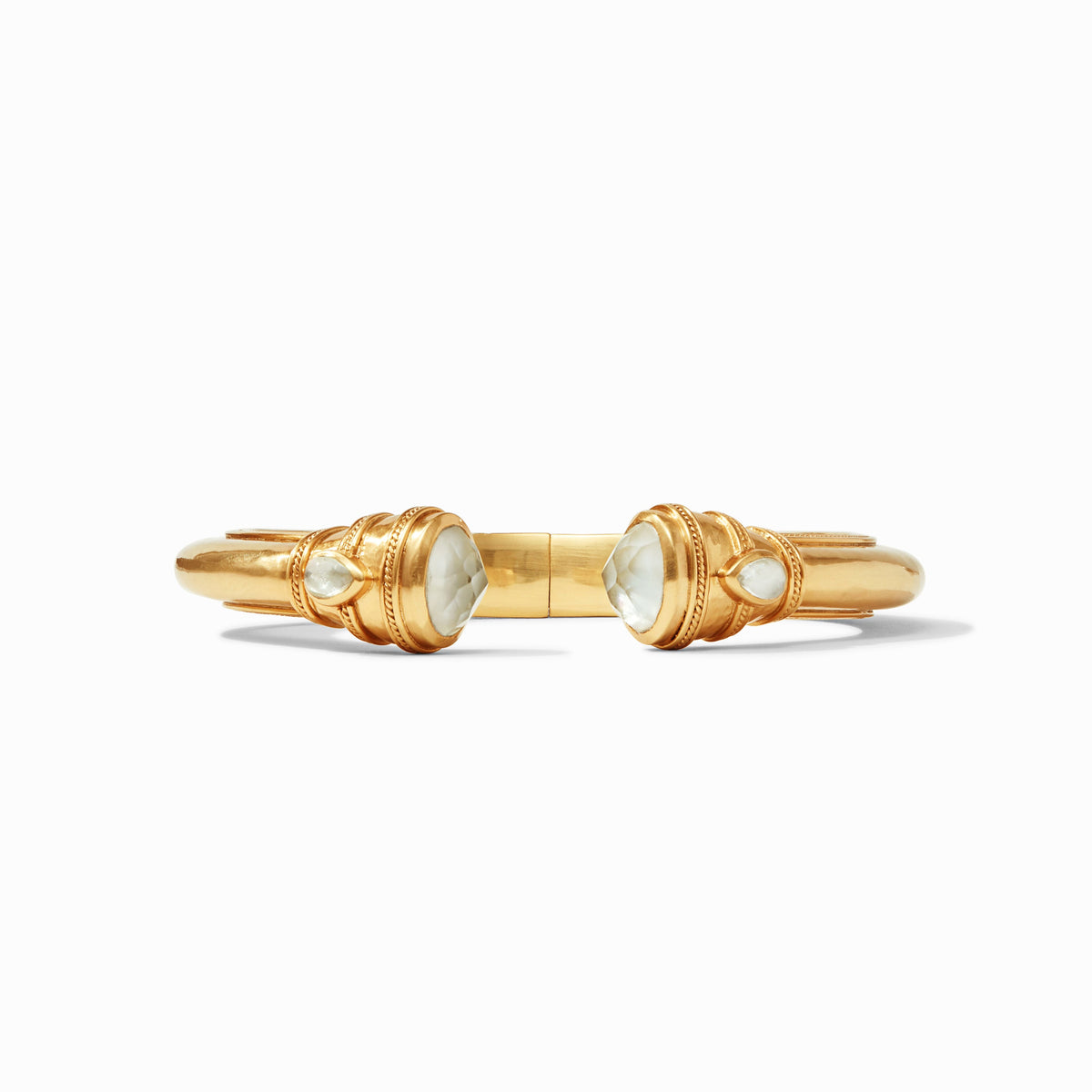 Cannes Demi Cuff in 24K gold plate with shell pearl and glass gemstone endcaps.