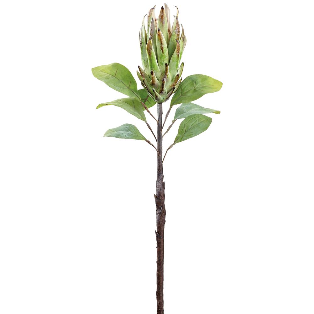 Artificial Protea spray with polyester petals in natural tones on a wire stem.