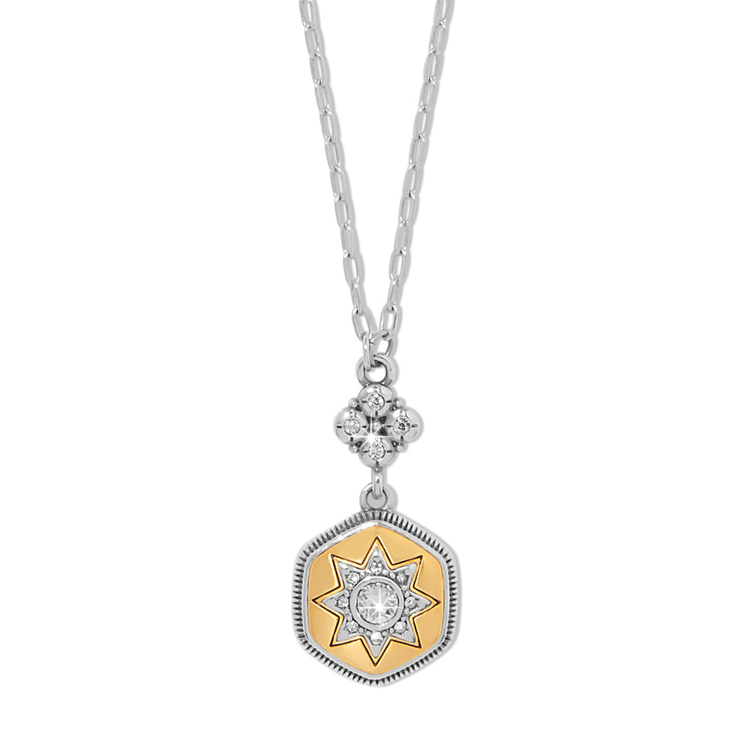Silver-gold two-tone adjustable necklace with a love message pendant featuring fine quality crystals.