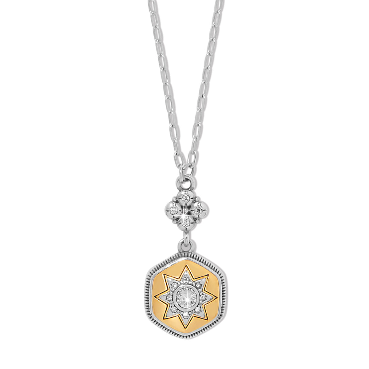 Silver-gold two-tone adjustable necklace with a love message pendant featuring fine quality crystals.