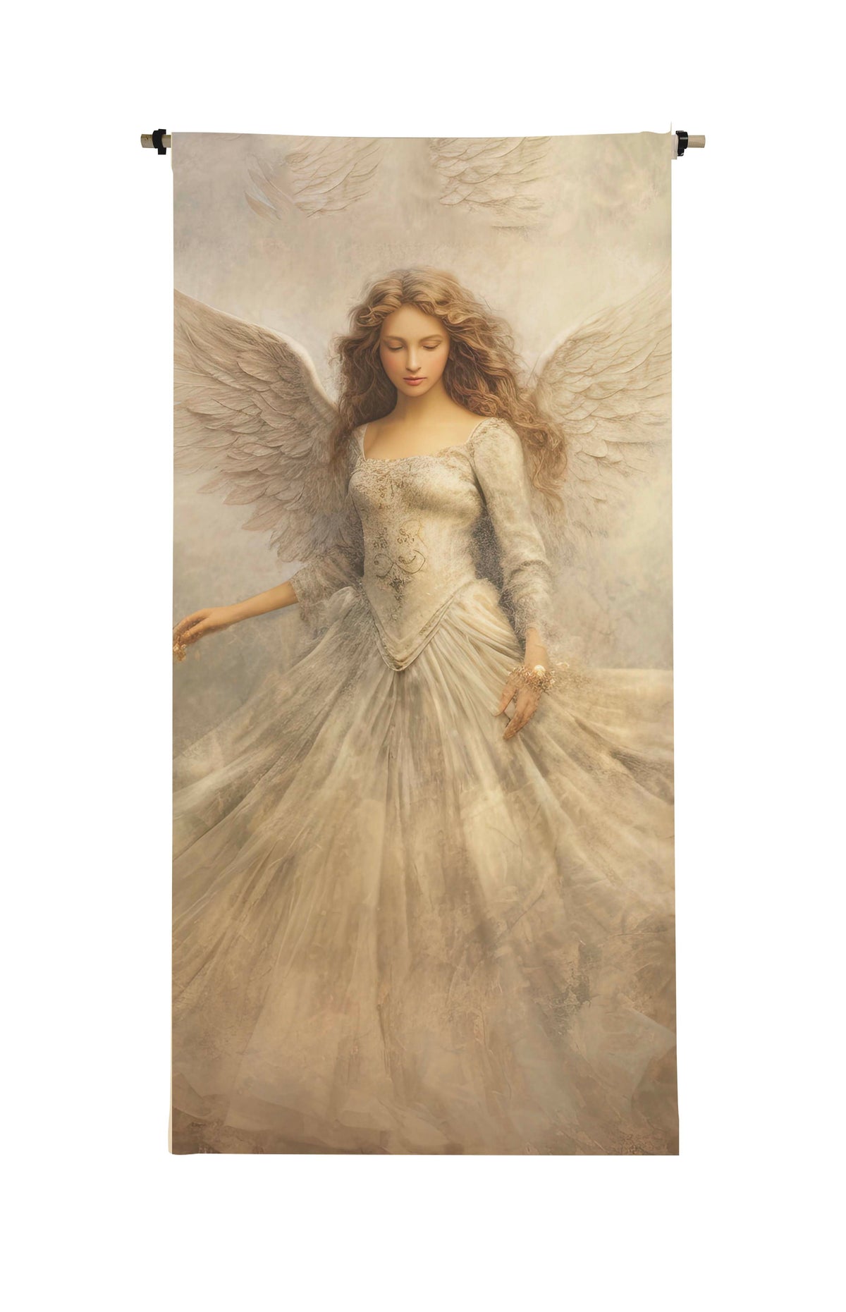 Left Angel Canvas Scroll featuring a woman with wings in a flowing white dress on a textured background
