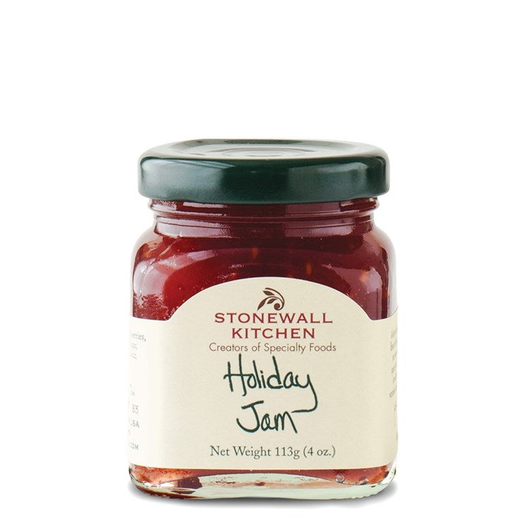 4oz Holiday Jam in a clear jar showing red berry preserve with visible fruit pieces.