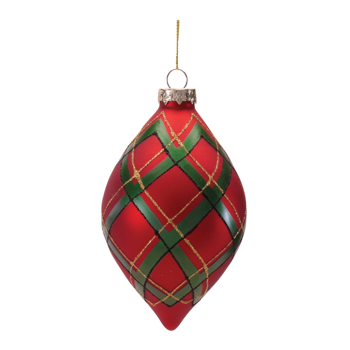 Glass ornament with classic plaid pattern in festive red and green tones.