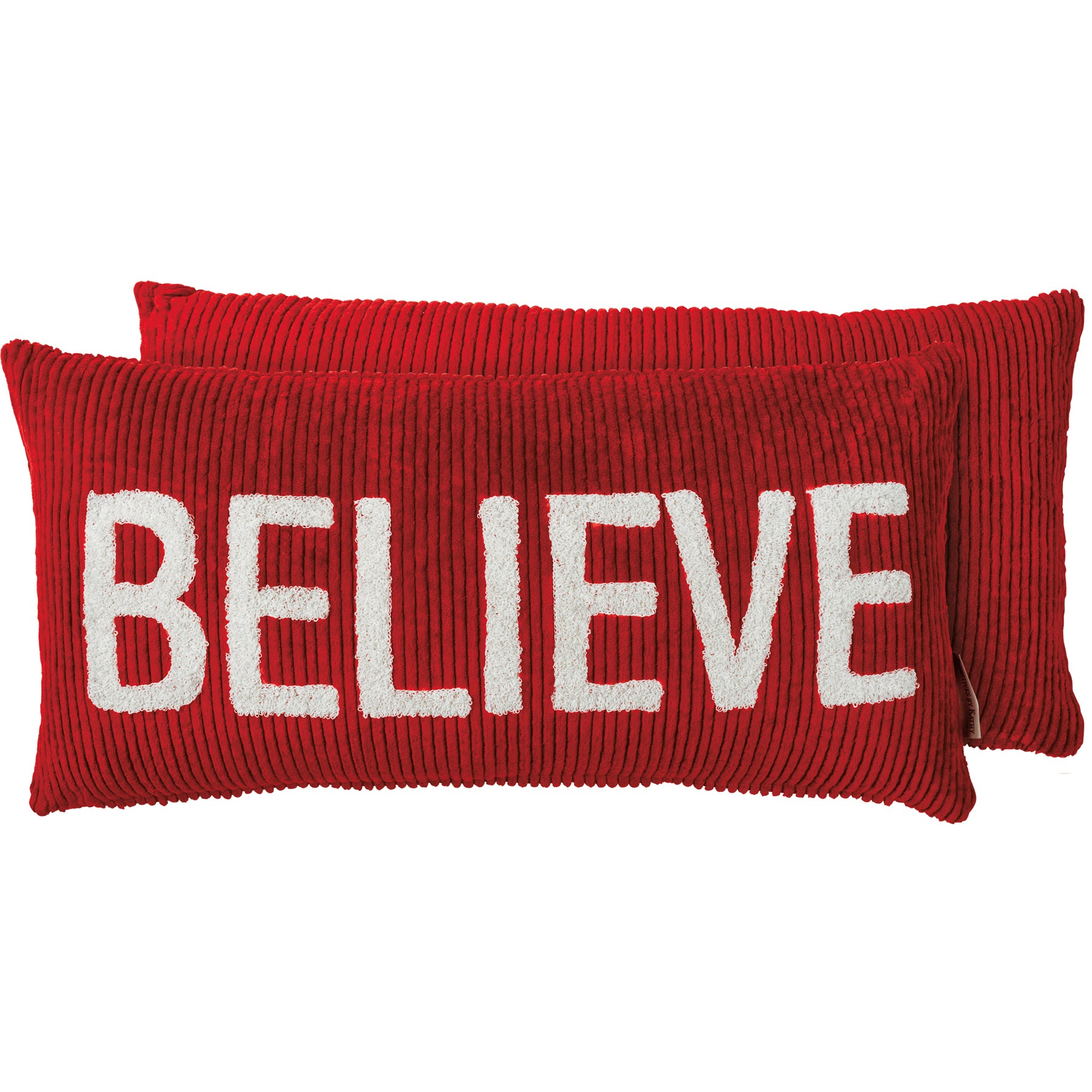 A corduroy pillow with a zipper closure featuring the word Believe in white text on an earth-toned background.