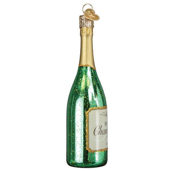 Green glass Champagne Bottle ornament with gold glitter accents and a white label.