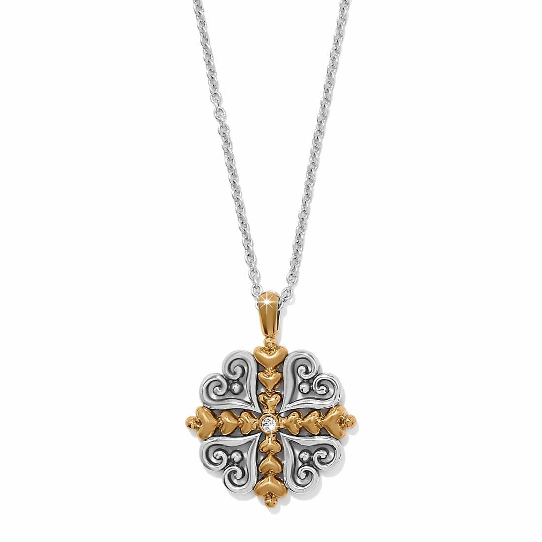 Alcazar Heart Two Tone Necklace with a silver and gold heart-shaped cross pendant and crystal.