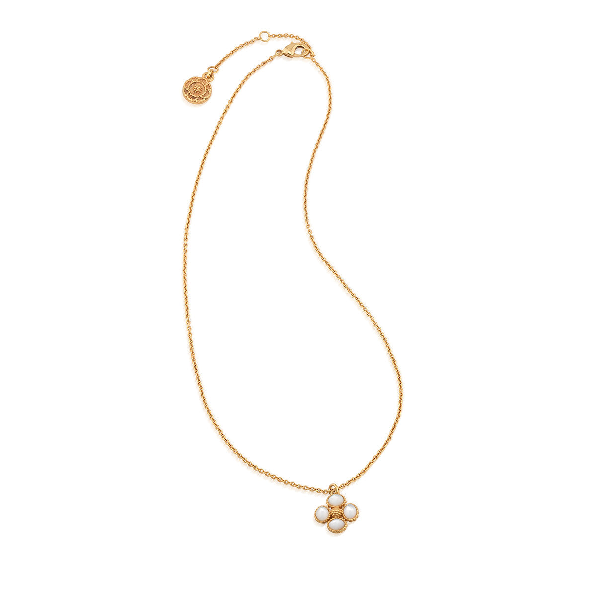 Double-sided charm necklace with berry clover pendant in gold-plated brass on an 18-inch chain.