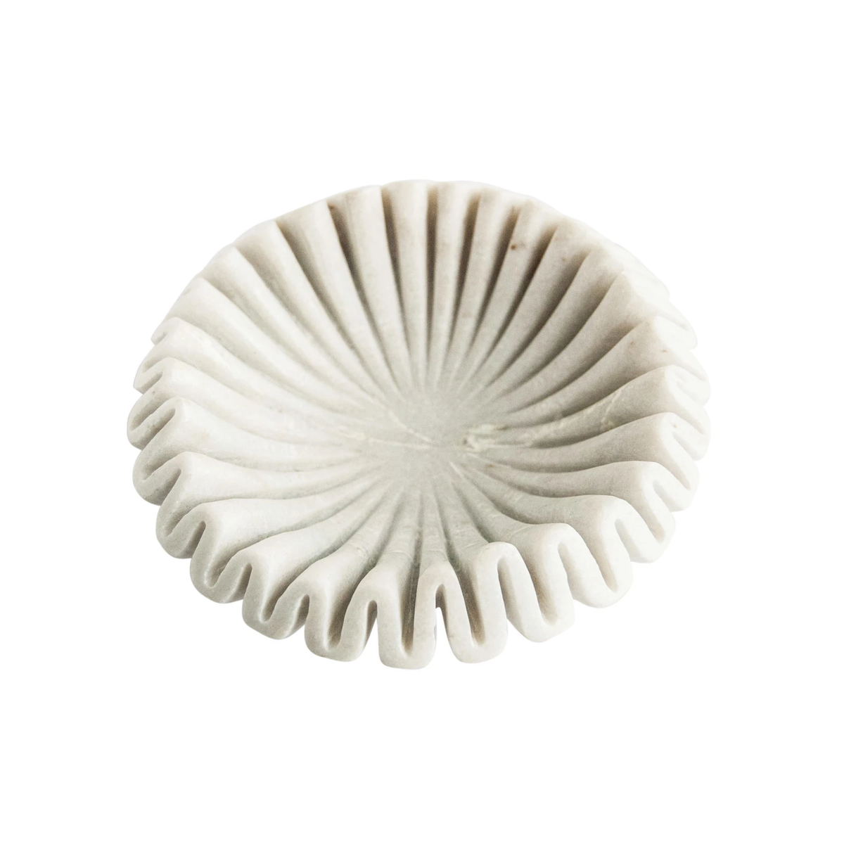 White marble round pleated bowl with a smooth rim.