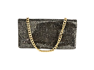 Black rhinestone chainmail clutch with a chunky gold-tone chain strap.