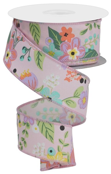 Light pink floral polyester fabric roll with yellow and green accents