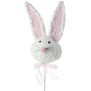 Furry white Easter bunny head pick with long ears measuring 25 inches tall.