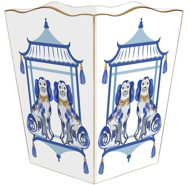 Scalloped-top wastepaper basket with gold-painted edges in blue finish