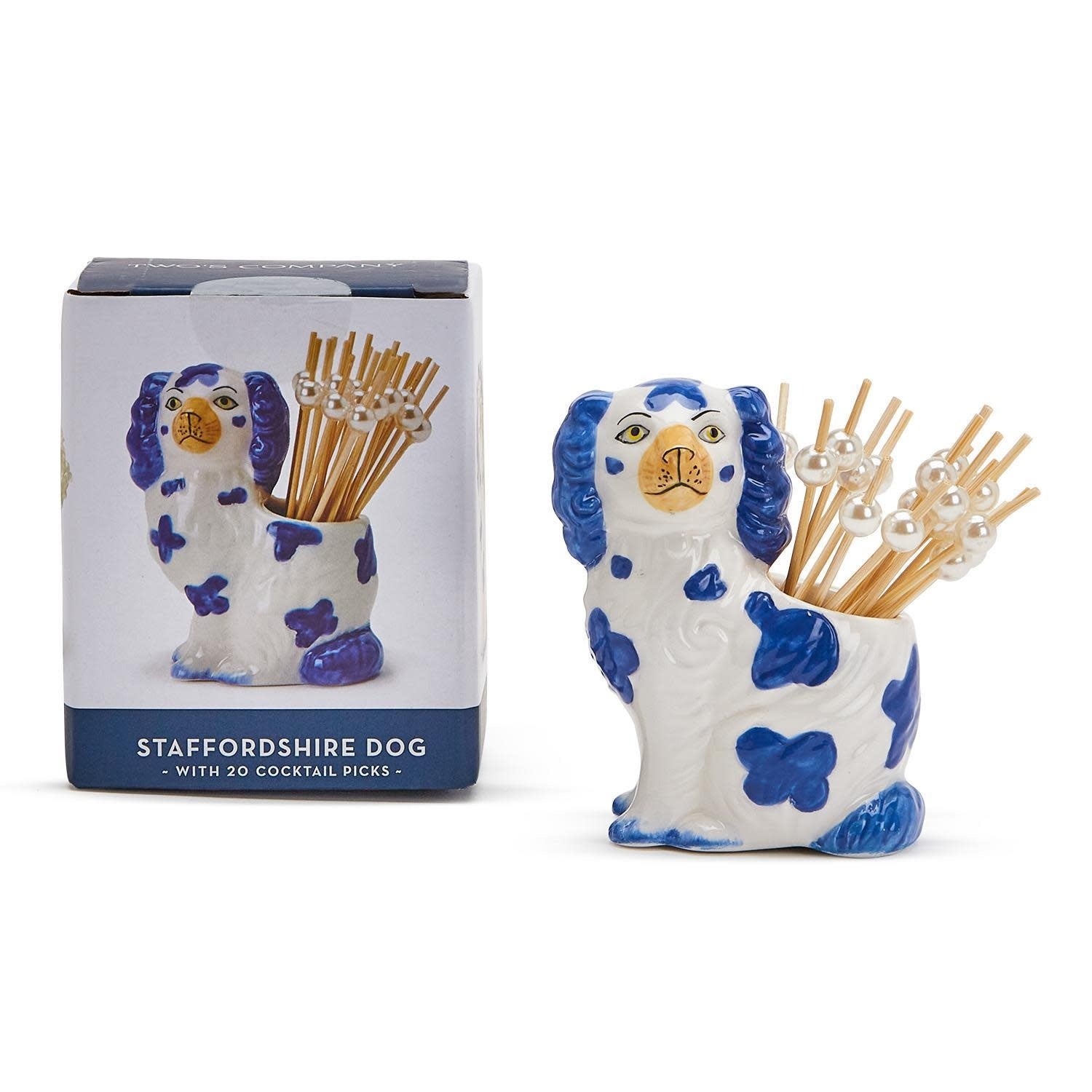 Blue and white hand-painted ceramic Staffordshire dog pick holder with bamboo skewers in gift box