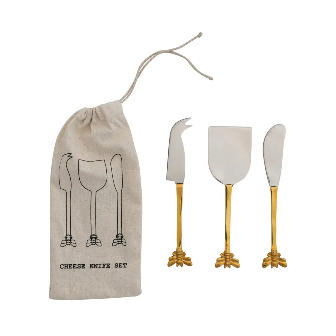 Stainless Steel & Brass Cheese Knives In Drawstring Bag - Sold as Set
