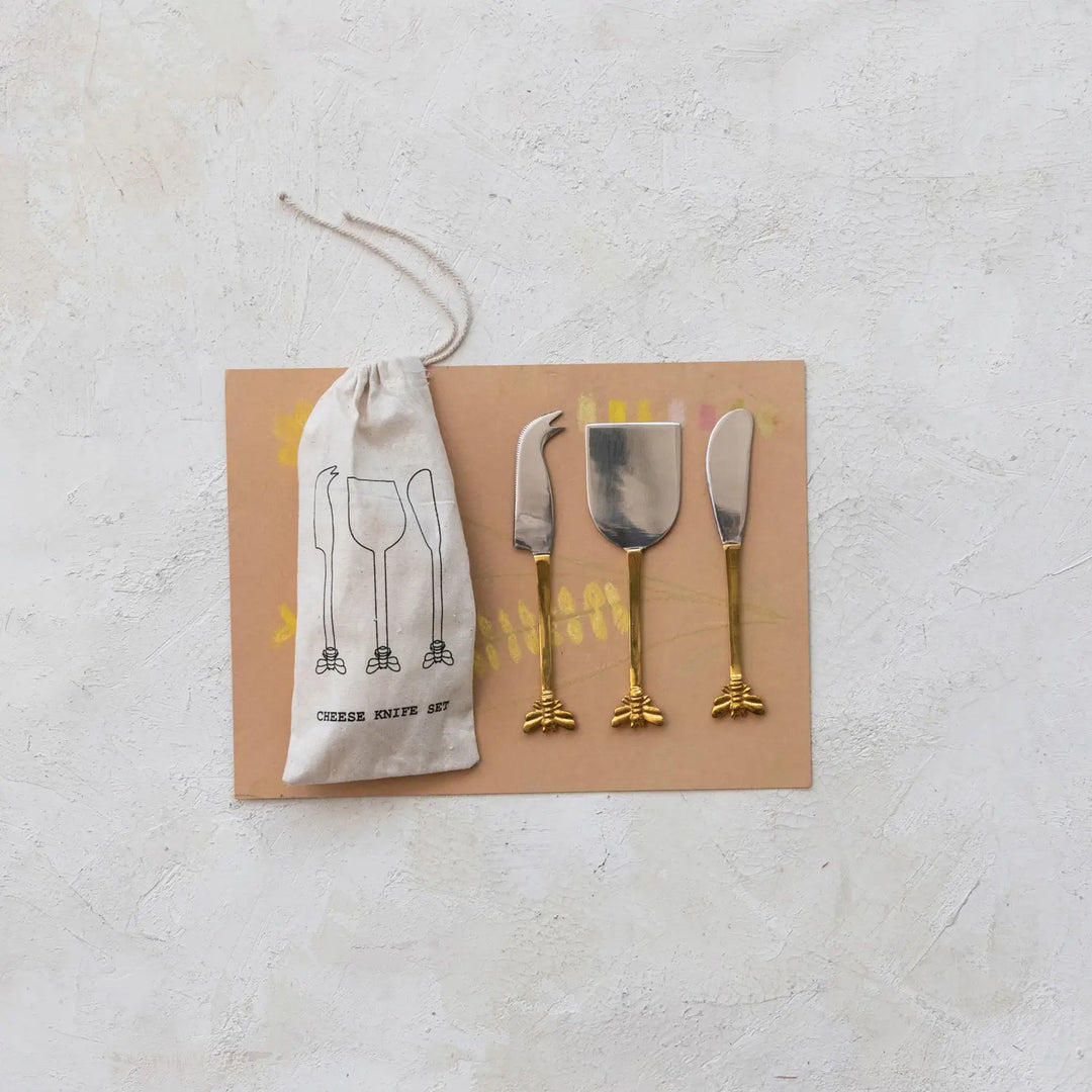 Stainless Steel & Brass Cheese Knives In Drawstring Bag - Sold as Set