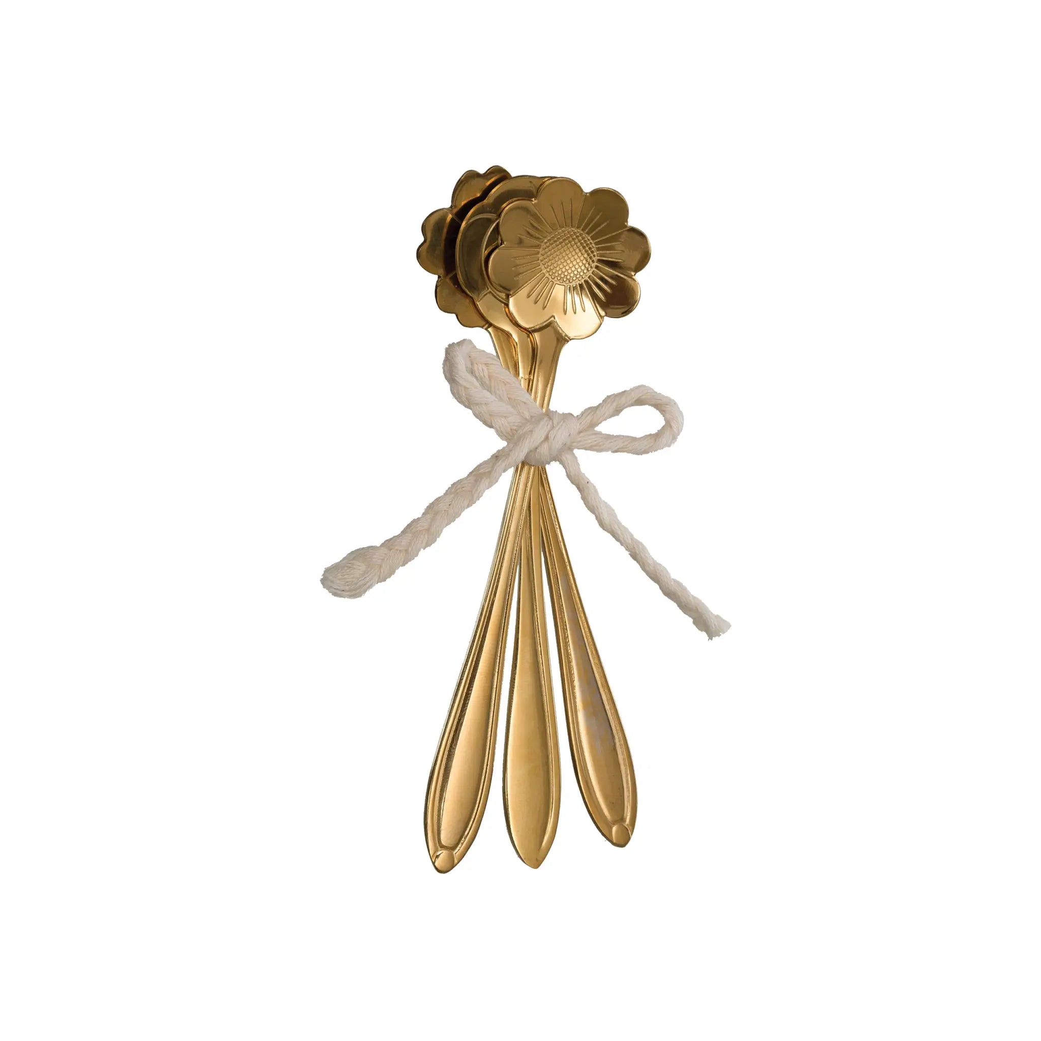 Set of stainless steel serving spoons with a gold flower-shaped handle.