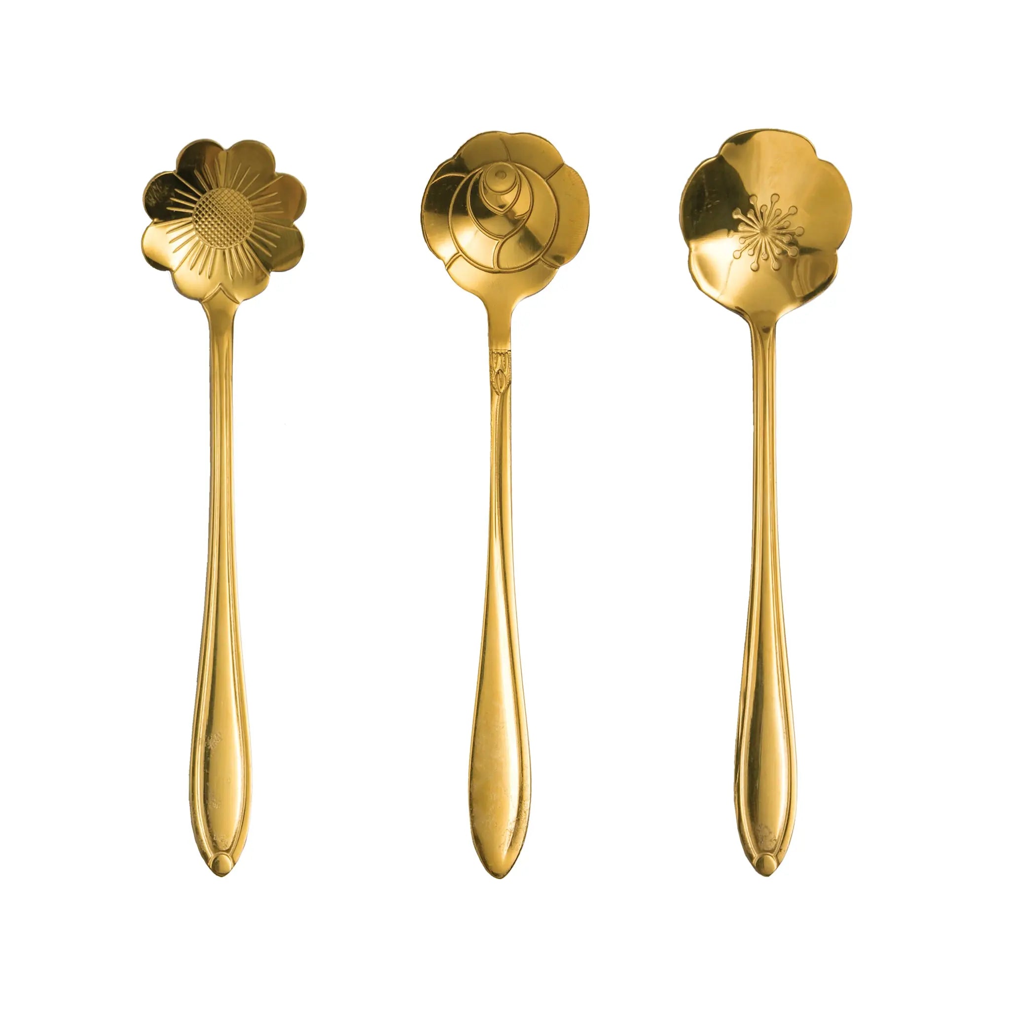 Set of stainless steel serving spoons with gold finish featuring a flower-shaped silhouette.