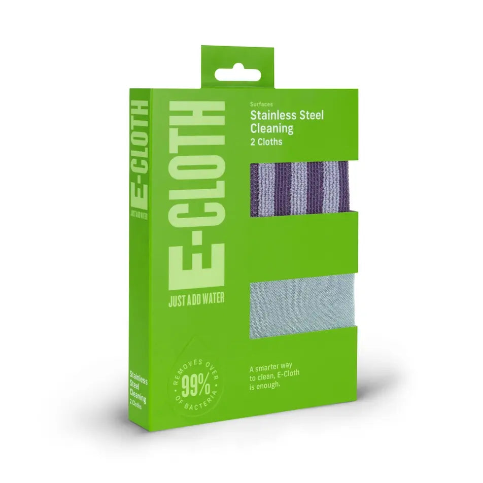 E-Cloth Stainless Steel Cleaning kit with two microfiber cloths in a green cardboard box.