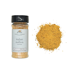 3.2 oz Italian Stallion Topper Seasoning jar with slow roasted garlic and aged parmesan cheese.