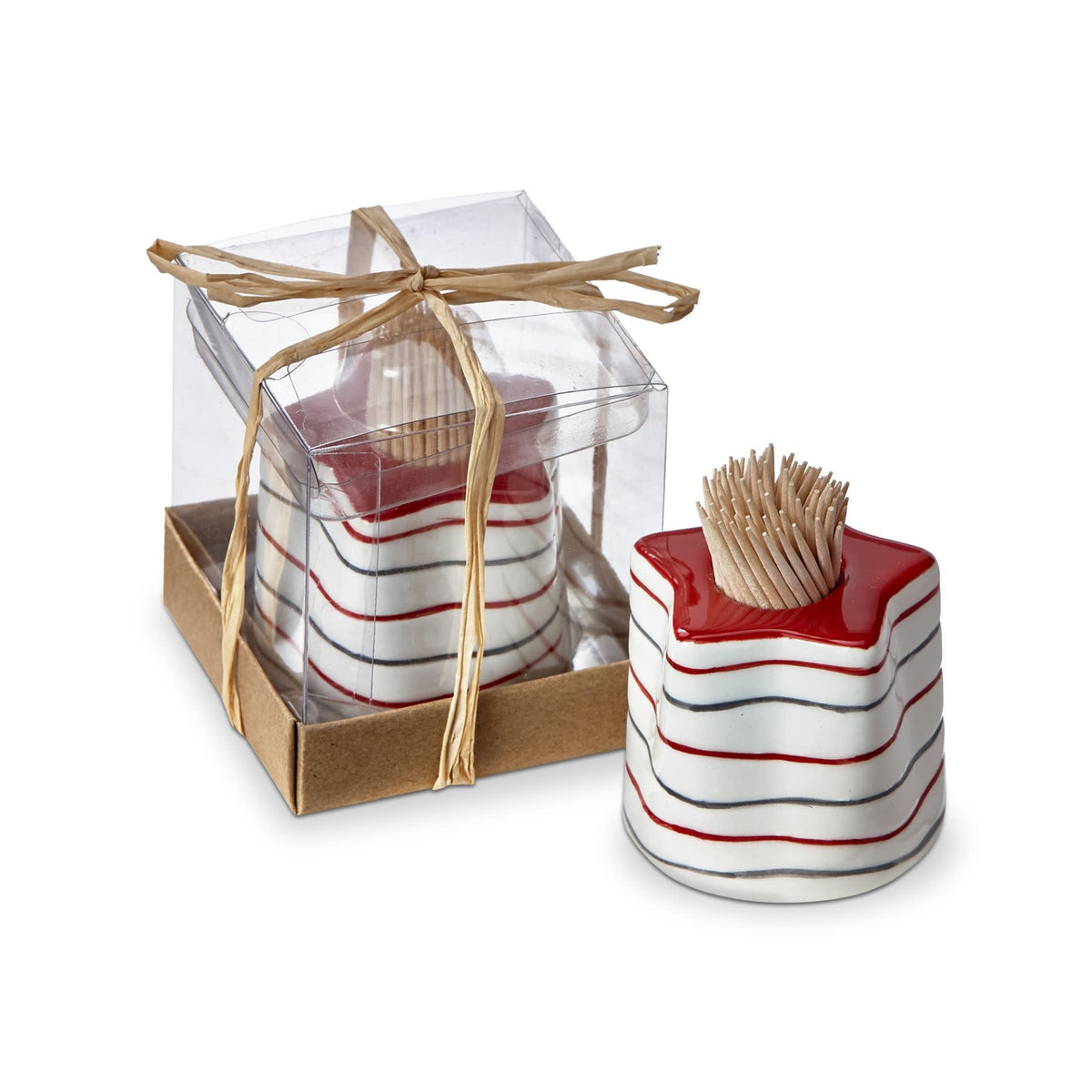 Star-shaped earthenware toothpick holder with hand-painted red, white, and blue sculpted design.