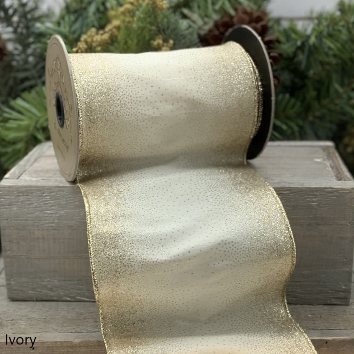 Ivory faux dupion ribbon with starburst glitter pattern