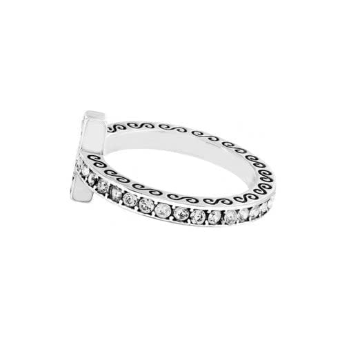 Silver plated ring with a cross-shaped band studded in fine crystals.