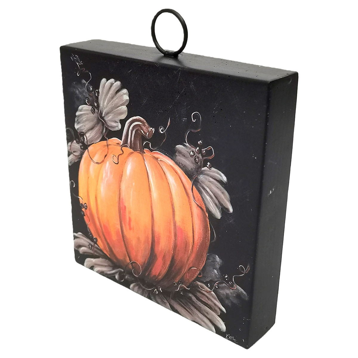 Mini Art Pumpkin Harvest: Hand-painted orange pumpkin on a black square block with a metal ring.