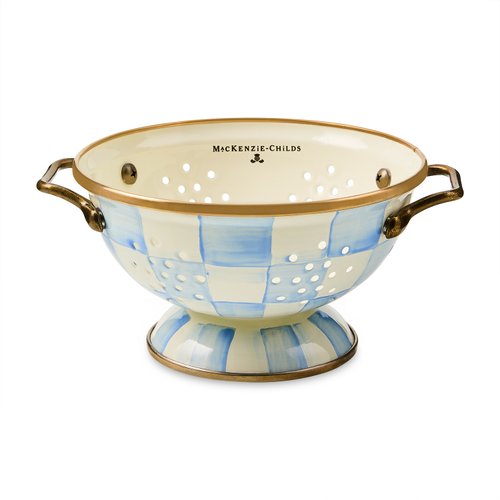 Hand-glazed steel small colander with hand-painted sky blue check pattern on antiqued brass handles.