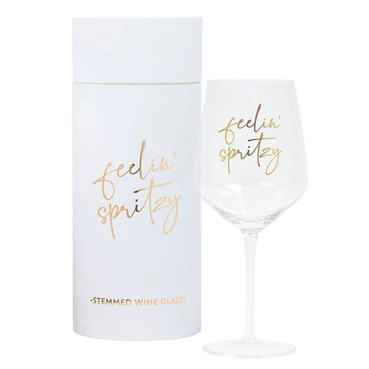 Stem wine glass with gold foil detailing featuring fun phrases on a clear glass surface.