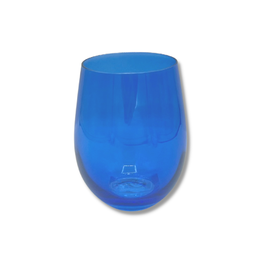 Blue carnival stemless wine goblet glass with a wide bowl shape