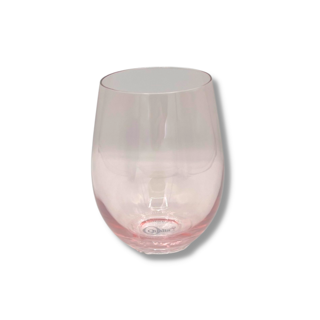 Pink carnival stemless wine goblet glass with a wide bowl shape.