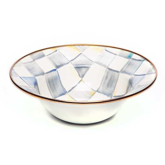 Sterling Check enamel breakfast bowl with grey hand-painted checks on steel base and bronzed stainless rim