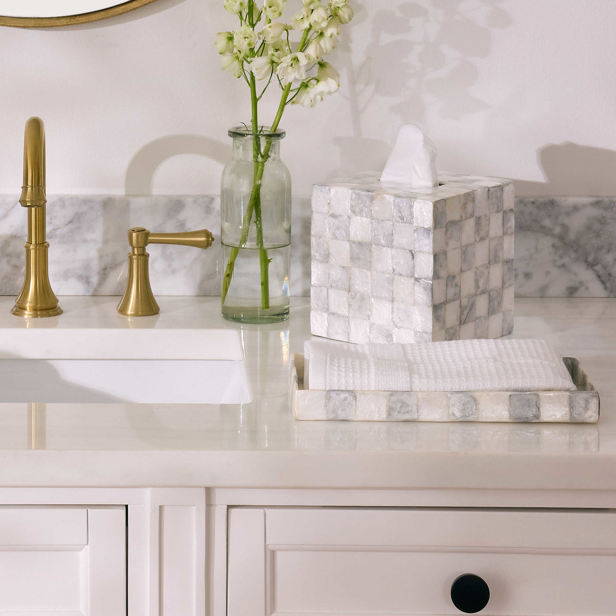 Sterling Check Capiz vanity tray with a natural shell check pattern in neutral tones.