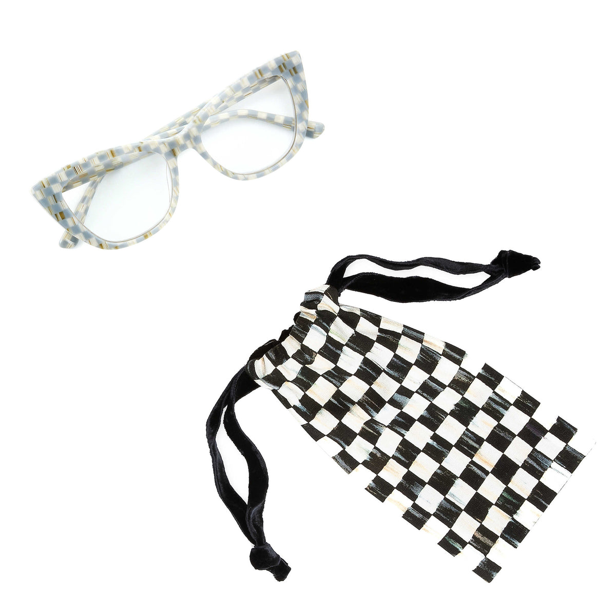 Check Cat Eye readers with a checkered frame, golden thistle logo, plastic and brass materials.