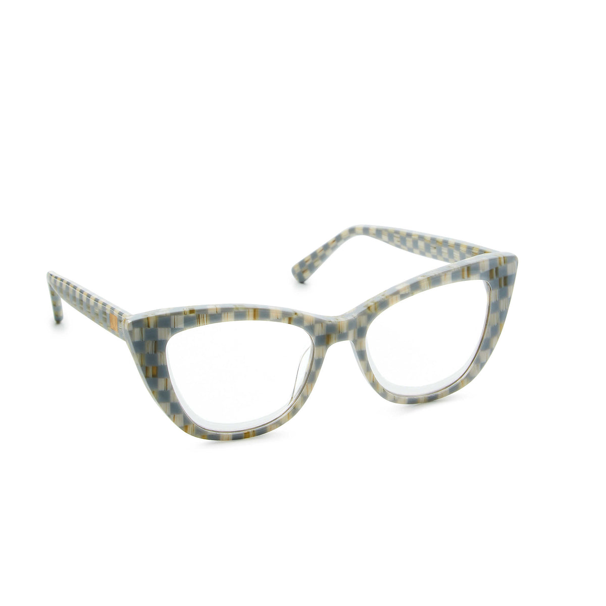 Check Cat Eye readers with plastic frames in a checkered pattern featuring a golden thistle logo.