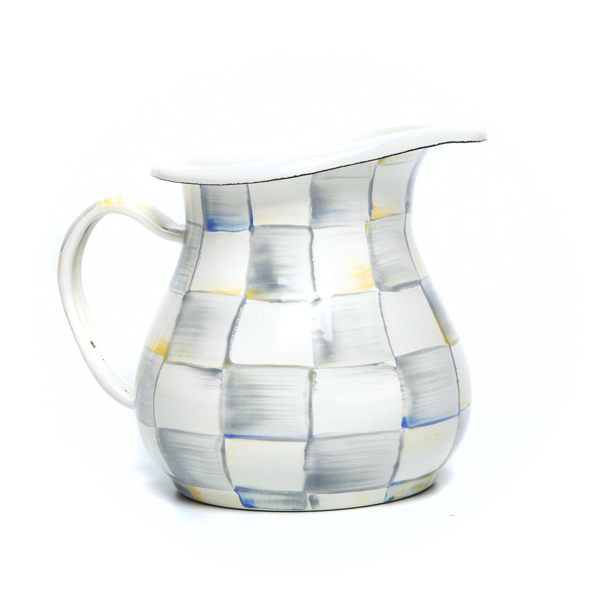 Hand-painted Sterling Checks enamel creamer with steel body in cream color.