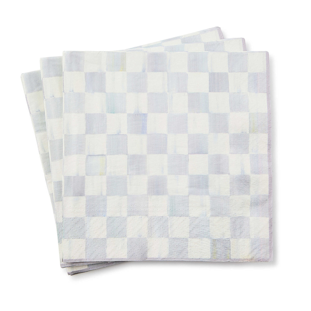 Pack of triple-ply white dinner napkins with a black checkered pattern.