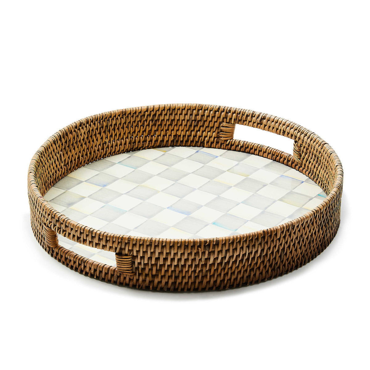 Round serving tray with hand-painted blue check enamel base and woven natural rattan rim