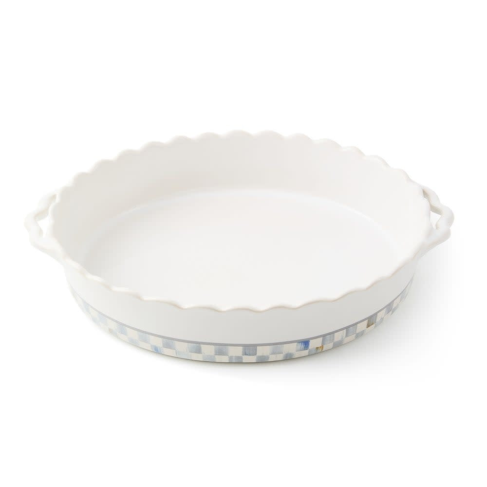 Check Everyday stoneware oval baker with a checkered pattern in blue and white.