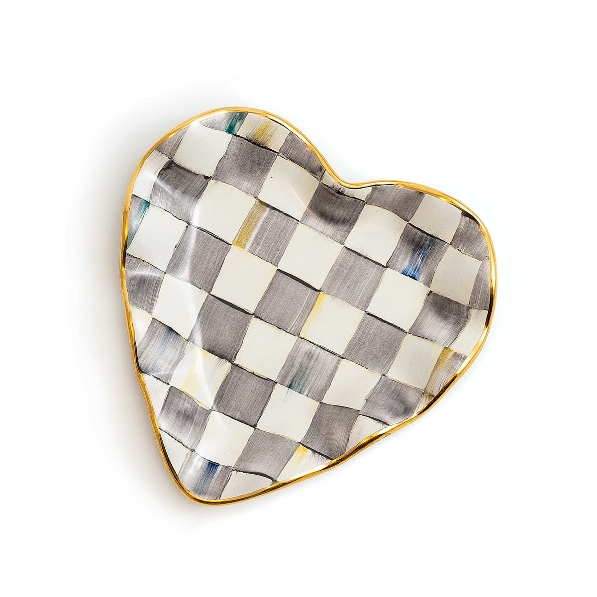 Hand-painted ceramic heart plate with gold lustre fluted edges in Sterling Check pattern