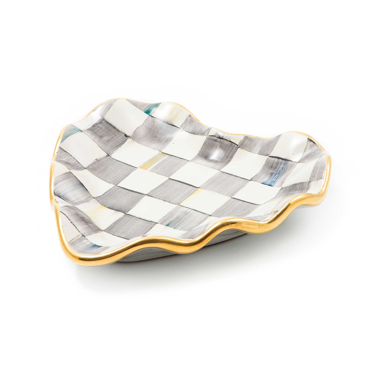 Hand-painted ceramic heart plate with gold lustre fluted edges in sterling check pattern