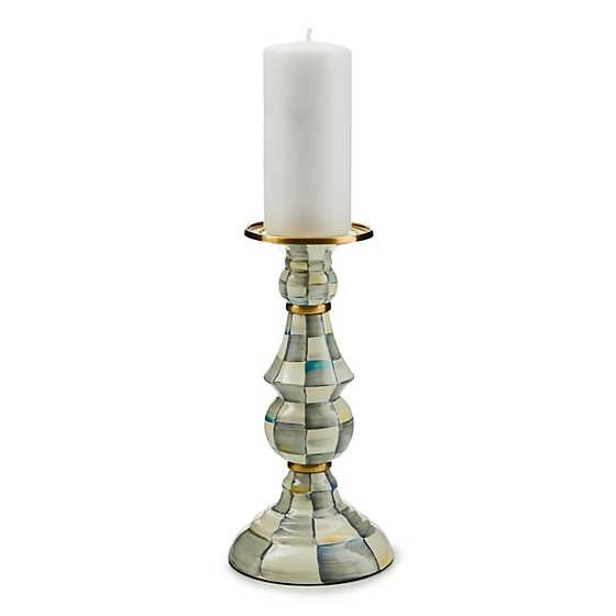 Hand-glazed steel pillar candlestick with hand-painted check pattern, brass accents, and bronzed stainless steel rim.