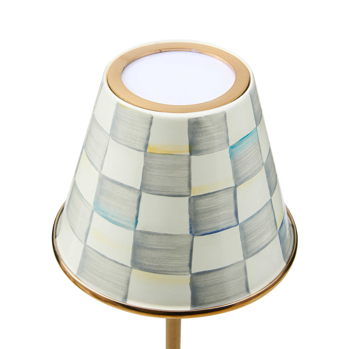 Sterling Check rechargeable table lamp with hand-painted enamel base in black and white check pattern.