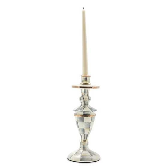 Medium enameled steel candlestick with grey checkered hand-painted pattern, bronzed stainless steel rim, and brass accents.