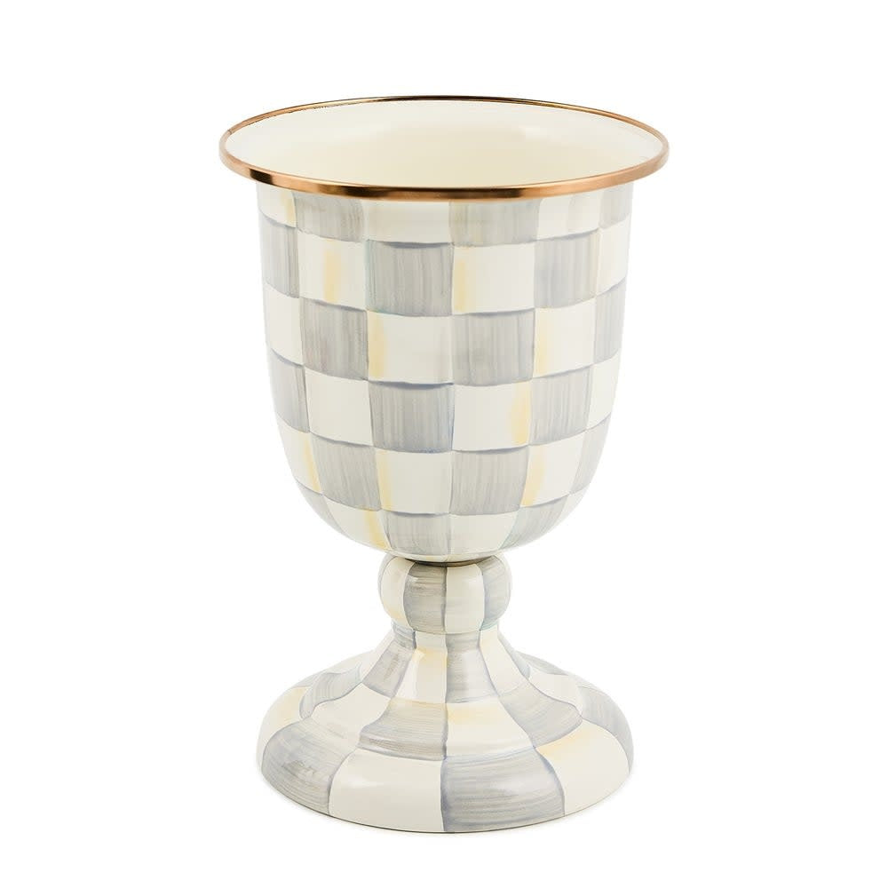 Elevated steel pedestal vase with hand-painted courtly check pattern in bronze rim and heavy-gauge enamel finish.