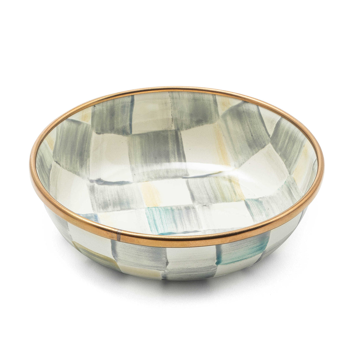 Hand-painted grey check enamel relish dish with bronzed stainless steel rim on heavy-gauge steel.